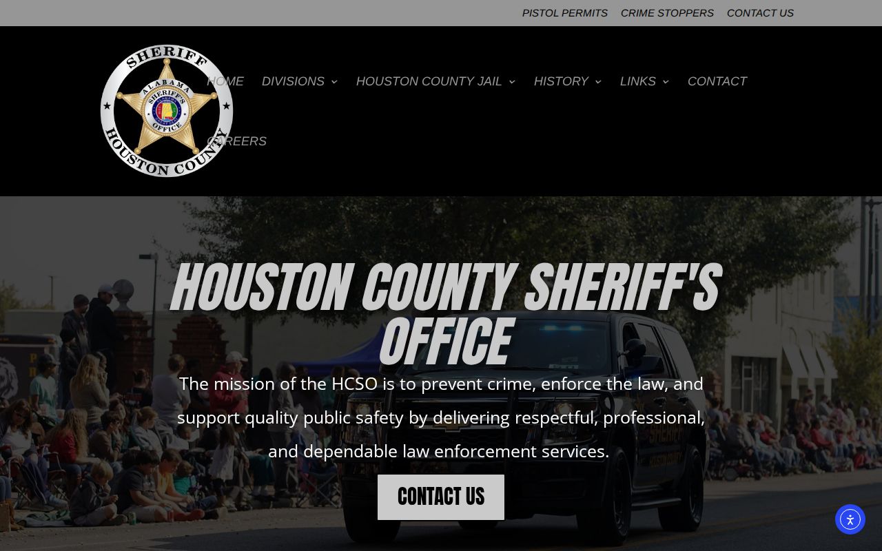 Houston County Sheriff's Office homepage with jail and sheriff contact information