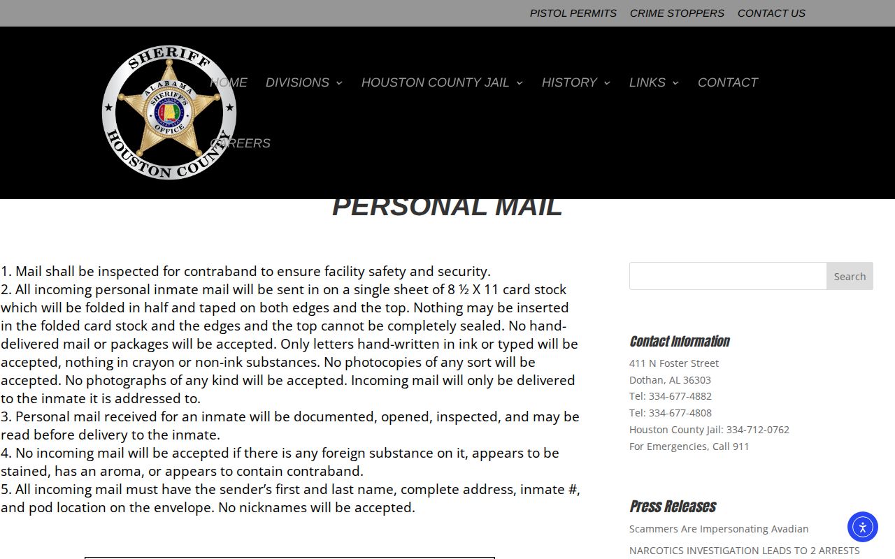 Houston County Sheriff's Office inmate personal mail information