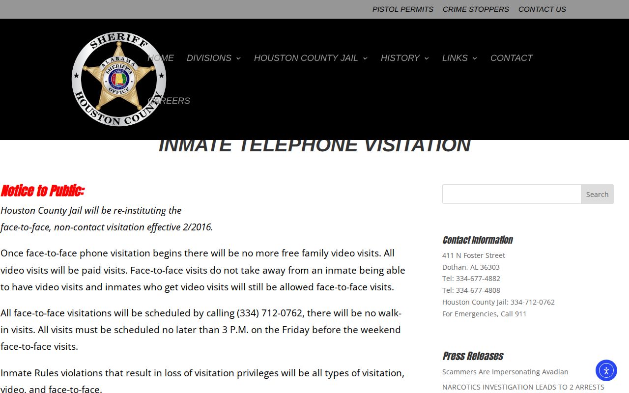 Houston County Jail telephone and visitation rules