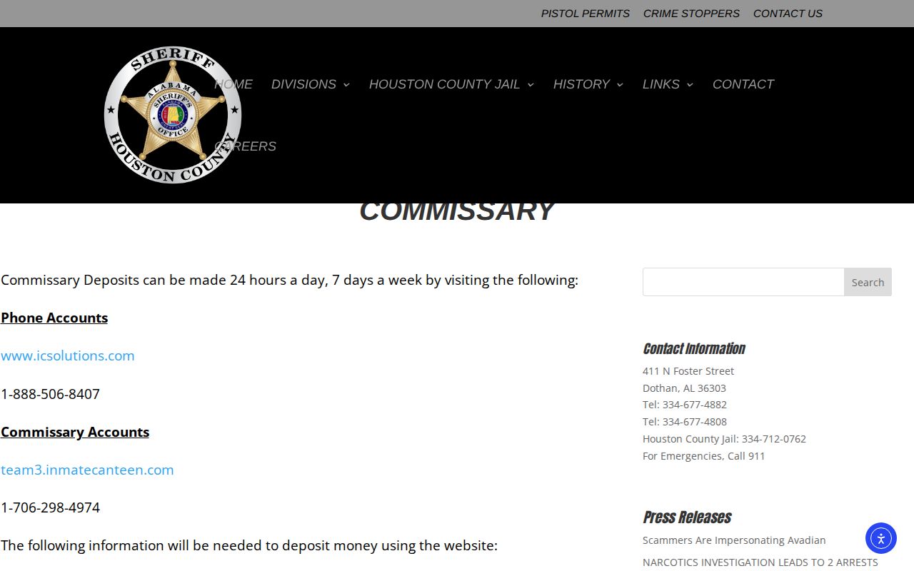 Houston County Sheriff's Office commissary information