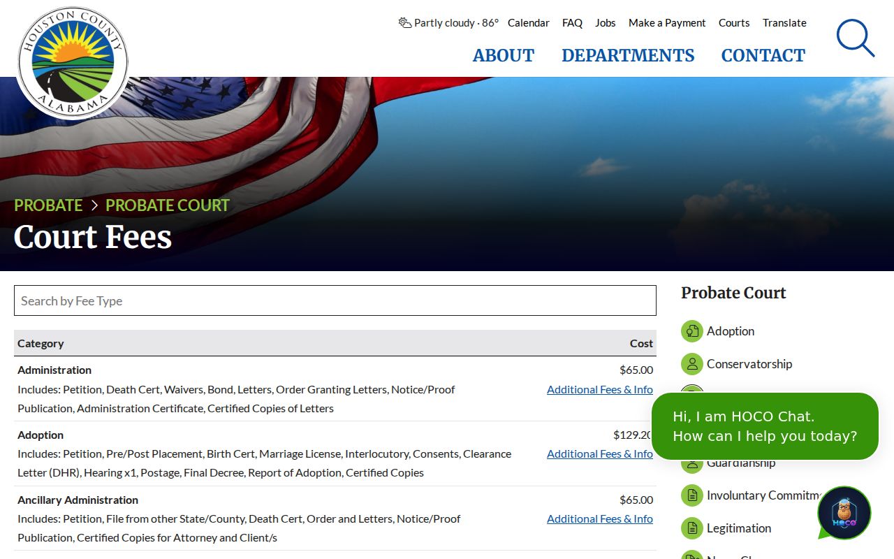 Houston County Probate Court fees page