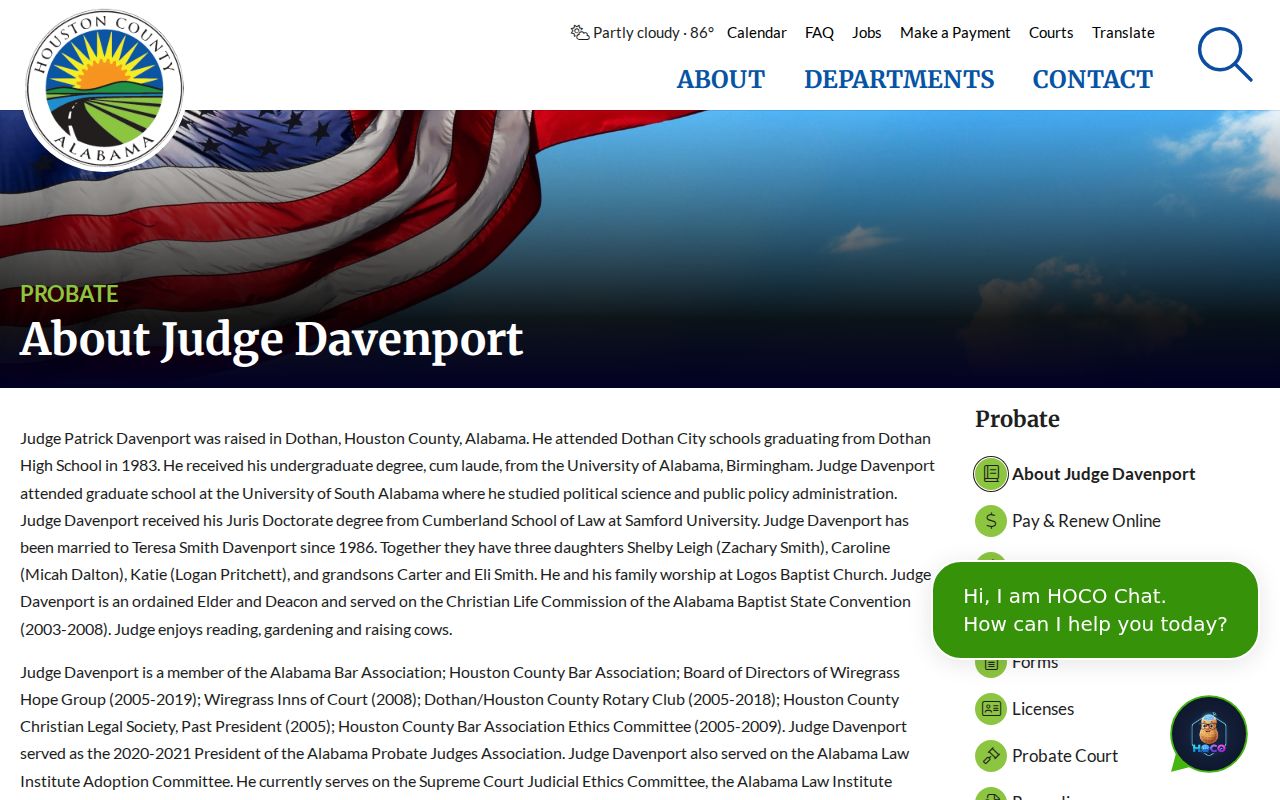 Houston County Probate Judge Patrick Davenport biography page
